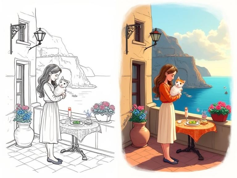 Illustration features two identical images side-by-side. Left image is uncolored line drawing. Right image shows same illustration fully colored. Young woman with long light brown hair holds orange and white cat. She wears an orange top, cream skirt, and dark shoes. Balconies have flowers and table with food and candle. Coastal cliffs and sea form the background.