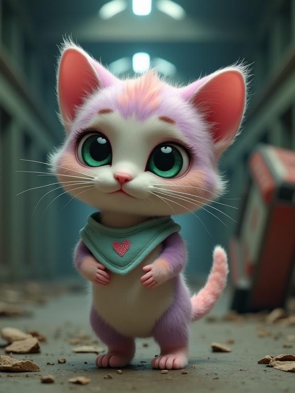 A fluffy anthropomorphic kitten stands in a dark abandoned building. Kitten has pastel pink and lavender fur. It has a creamy white belly and large expressive green eyes. The kitten's head is oversized with soft rounded features. Tiny paws and perky ears are visible. It wears a light blue bandana with a stitched pink heart. The kitten carries a 6-month-old baby dressed in a simple white onesie. The environment shows crumbled walls and an overturned ambulance. The kitten glows with determination amid the chaos.