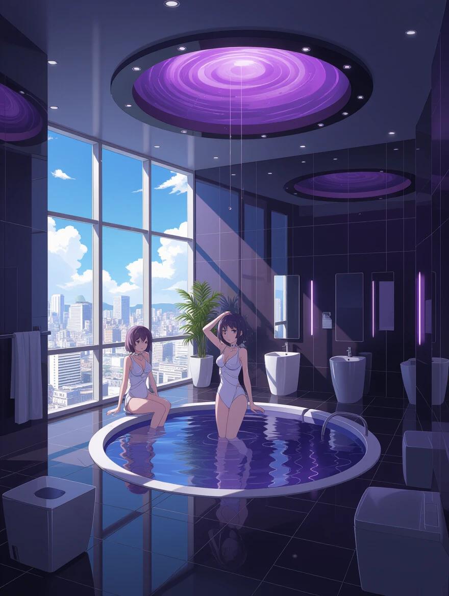 Anime scene depicting two girls in swimsuits inside a modern luxurious restroom. They sit beside a circular swimming pool surrounded by a futuristic design. The room has large windows showcasing a city skyline.