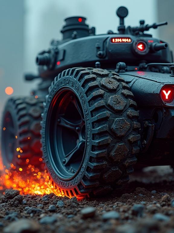 Tank with unique HNBR wheels in an industrial setting. Features spiral teeth, embossed branding on rims, glowing warnings, and neon lights. Sparks and smoke create a dystopian atmosphere.