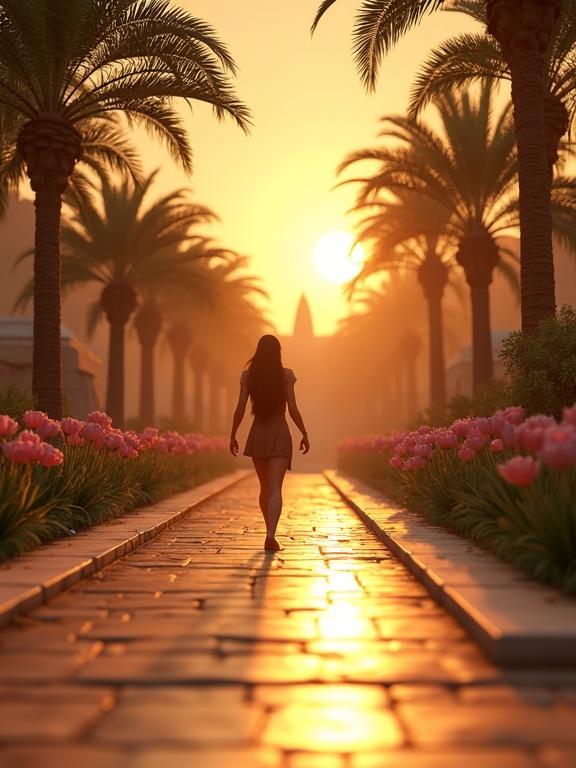 Screenshot from a VR game showing a first-person view walking through ancient Egyptian gardens. Smooth stone pathways with blooming lotus flowers and date palms. Golden-orange sky reflected on a still ornamental pool. Bare feet on the pathway, brushing against reeds and flower petals. Warm breeze carrying jasmine scent and distant flute sounds. Light filtering through palm leaves. Ultra-realistic and serene setting.