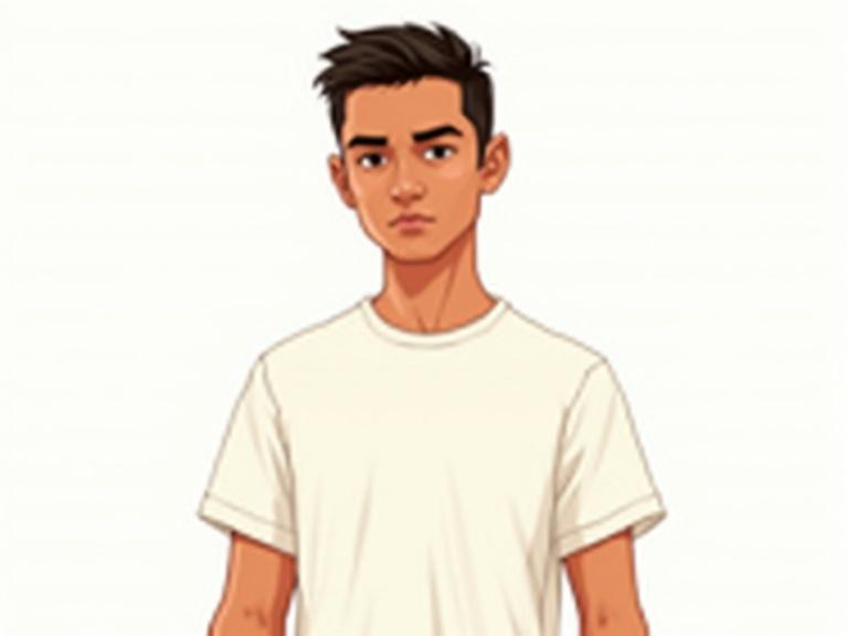 Stylized illustration of a confident young man in the Grand Theft Auto art style. The man stands in a neutral pose facing forward. He wears a plain t-shirt. The background is clean and pale. Full frontal lighting is applied. The style is cel-shaded with bold outlines and flat colors resembling official GTA artwork.