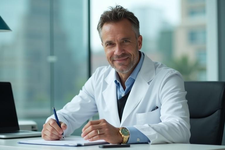 Professional doctor sits at a modern desk in a well-lit consulting room. He is wearing a white coat and a stylish tie. Doctor has a royal green eyes and light brown hair. Background shows a panoramic view of Manhattan. He exudes charm and sophistication. The setting is clean with minimalist decor. Natural light fills the room enhancing its elegance. Doctor has a gold wedding ring and a limited edition silver and green watch.