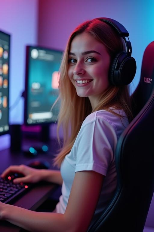 Happy girl live streaming at gaming desk with a computer monitor. She interacts with live chat messages wearing headphones. Soft ambient lighting fills the room. A gaming chair supports her posture.