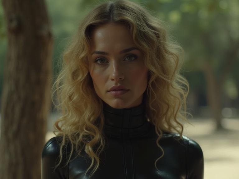 A serene photo of an actress in a catsuit. Subject expresses deep disappointment and astonishment. Background features nature elements.