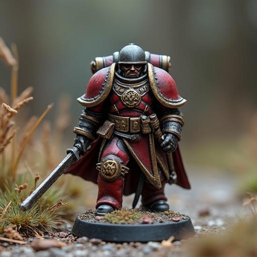 Miniature model depicting a warrior from a war game. The figure is painted with rich colors, detailed armor, and holding a sword. Surrounded by grass and earth.