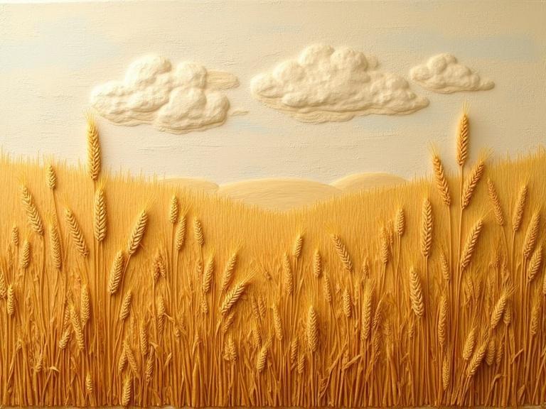 A golden wheat field sculpted in textured clay relief. Raised surfaces mimic painterly brush dabs. Individual wheat stalks are distinct. An expansive field under a natural sky. Rustic warm tranquil atmosphere. Embodies natural abundance and quiet movement. Textured clay relief hand-painted. Tactile surface with earthy tones. 3D flow with form and stroke merging.