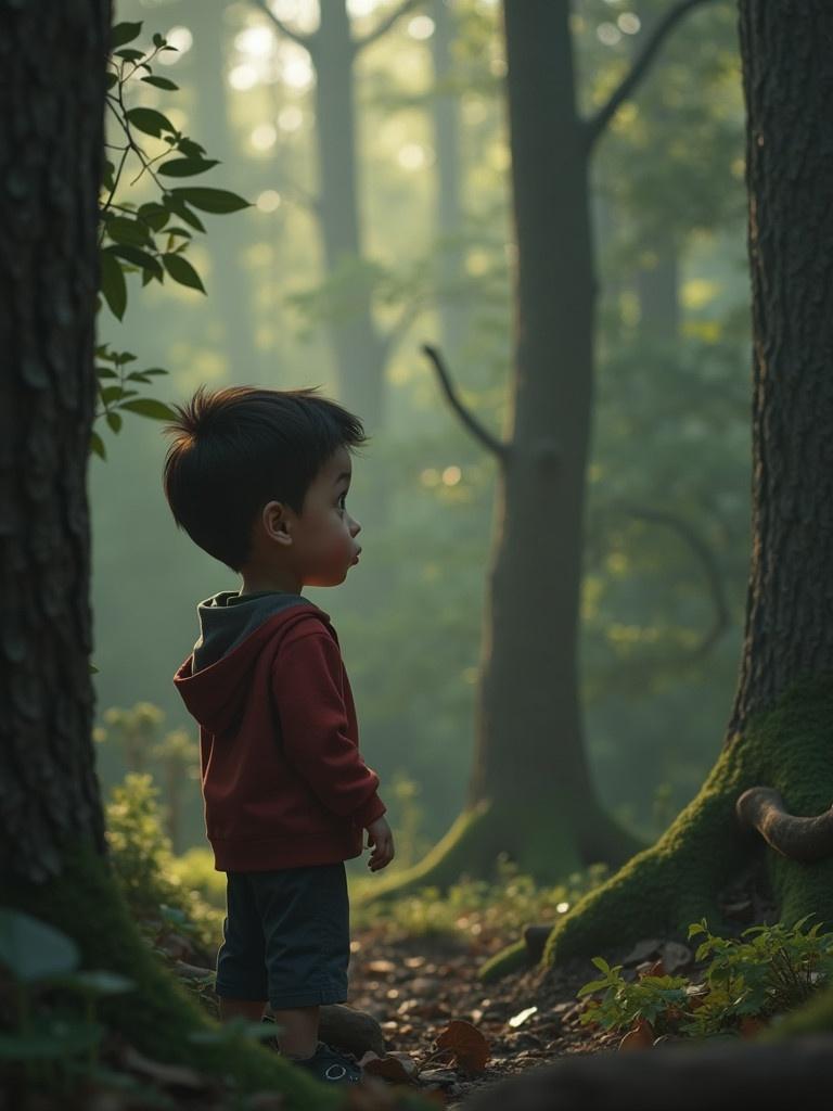 A seven year old boy looks worried while searching for something in a forest. Tall trees surround him. Soft light filters through the leaves creating a magical atmosphere. The boy appears curious and anxious.