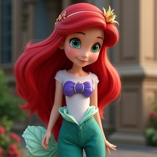 Depicts a young Ariel from Disney with long red hair wearing a t-shirt and long jeans. She has a round face and is smiling. The background suggests a whimsical setting. A young version of Sebastian is included.