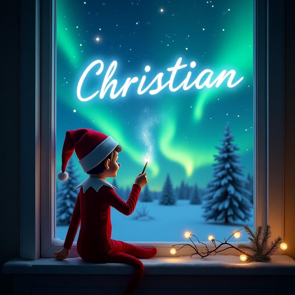 An enchanting Christmas scene shows an elf on the shelf. Elf in festive red and white sits by window. Elf uses magic wand to write glowing blue script 'Christian'. Sky is vibrant with northern lights. Magical ambiance conveys joyous Christmas spirit with whimsical twist.