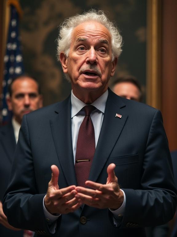 Joe Biden engages in conversation at an event with blurred figures in the background. He wears a formal outfit consisting of a dark suit and maroon tie. His hand gestures imply discussion.