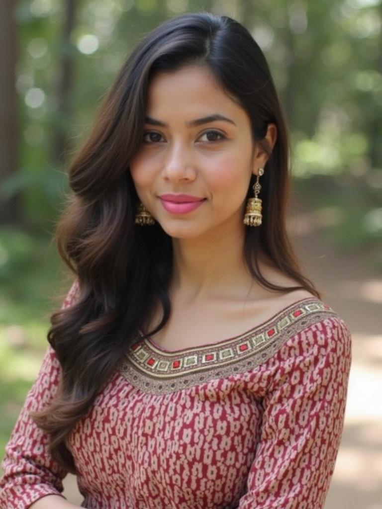 A woman dressed in traditional attire. She stands outdoors. Soft focus on the background. Natural light illuminates her figure. The attire features a beautiful pattern and embroidery.