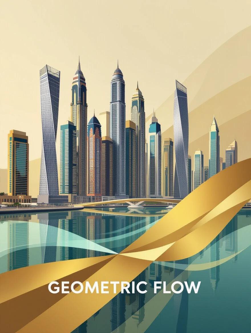 Dynamic geometric composition inspired by Dubai Marina. Features towers and flowing water. Metallic gold colors and subtle sheen. Transparency effects and flat 3D elements create depth.