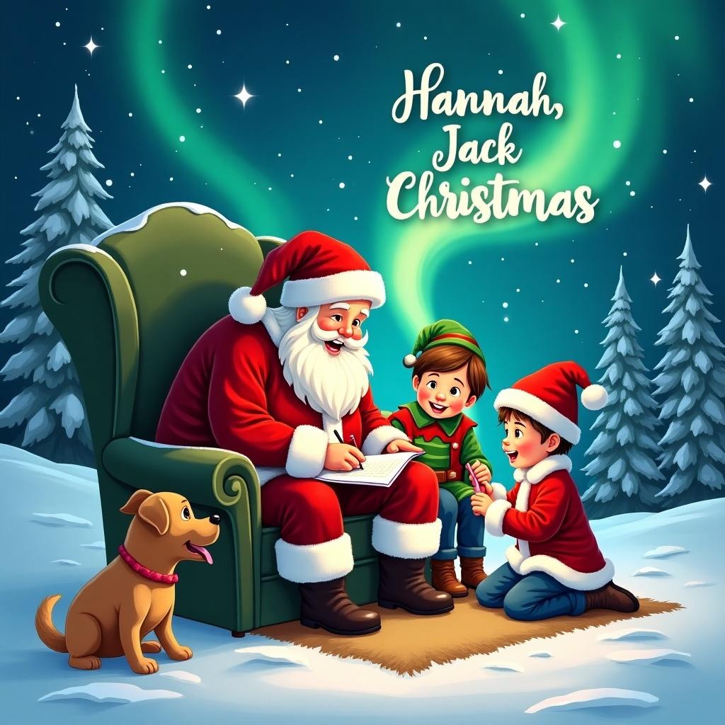 The image depicts a festive scene with Santa Claus sitting in a comfortable chair as he engages with two children: a boy and an elf girl. They are eagerly working on a task together, filled with joy and excitement. The setting showcases a snowy landscape illuminated by colorful northern lights, enhancing the enchanting atmosphere of Christmas. A playful puppy sits happily by their feet, adding a touch of warmth to the scene. Above, a whimsical message reads 'Hannah, Jack, & Leo,' adding a personalized flair to this magical moment. This illustration captures the essence of the holiday spirit and the joy it brings to families everywhere.