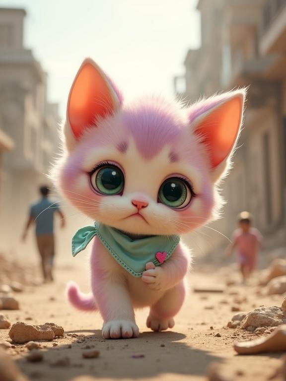 Fluffy anthropomorphic kitten with pastel pink and lavender fur walks through ruined city streets. Kitten has creamy white belly oversized head and green eyes. It carries an infant in tiny paws. Baby wears simple white onesie with round face and big eyes. Dust and destruction fill background. Emotional depth created by contrast between kitten and baby.