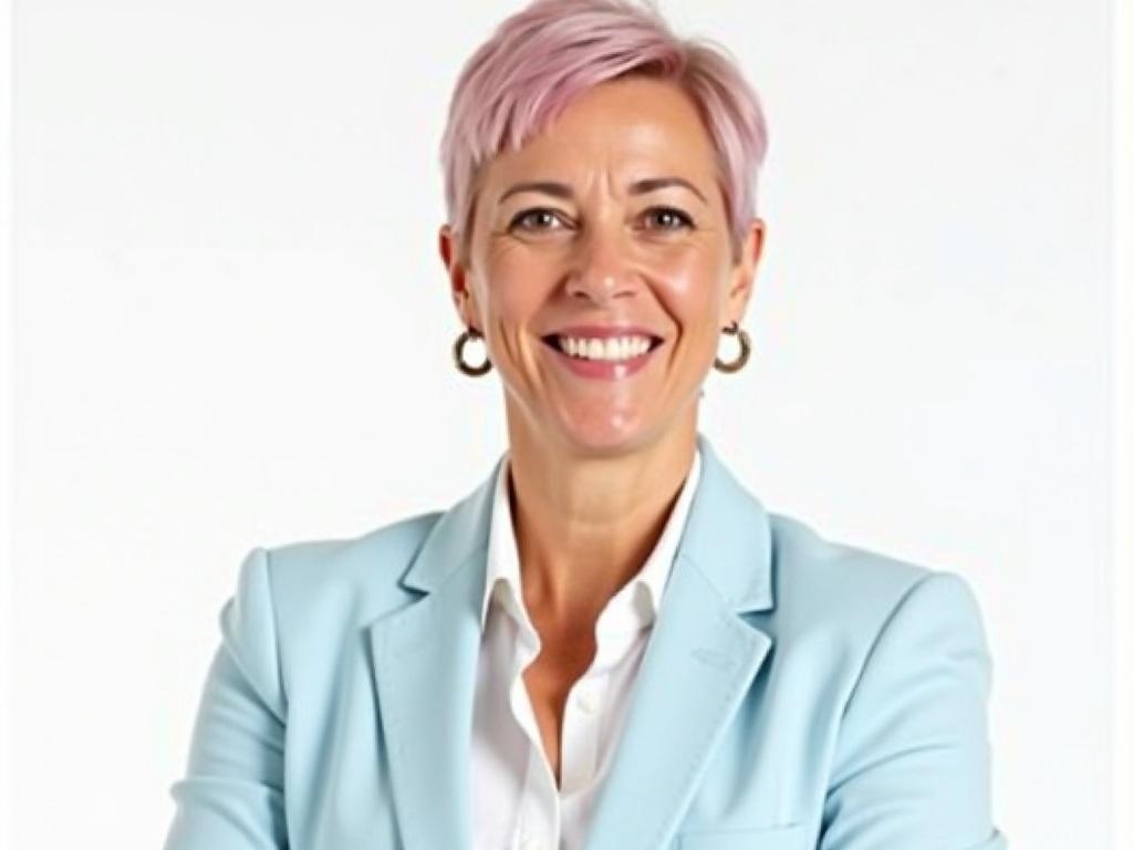 The image features a woman with light skin and short, pink hair. She is wearing a light blue blazer over a white shirt, and she has hoop earrings. The background is white, providing a clean and simplistic composition. The lighting appears bright, highlighting her facial features and giving a professional appearance.