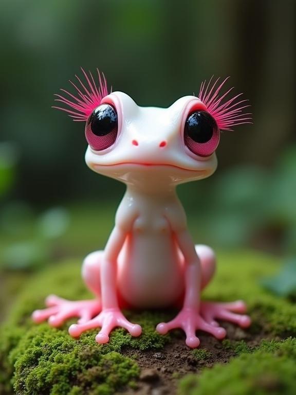 A whimsical amphibian-like fantasy creature sits on mossy ground. Small upright body resembles a tiny frog. Large round eyes with pink hues give a curious expression. Slender limbs and four-toed feet. Translucent skin with soft pink highlights. Long bright pink eyelashes. Background is a blurred green forest floor giving a vibrant nature feel. Artwork has a hyperrealistic style with imaginative elements.