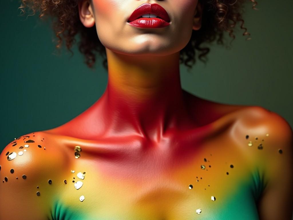 The image shows a person with an intricate and artistic display of body paint on their shoulders and neck. The paint features a vibrant gradient of red, yellow, and green hues seamlessly blending together. Specks of gold leaf are applied on top of the paint, adding a shimmer and luxurious texture. The lips are colored to complement the painted theme, emphasizing the artistic effect. The style is creative and expressive, showcasing both the art of body painting and the natural beauty of the skin.