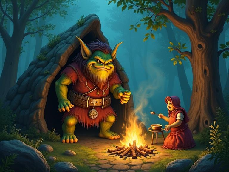 A digital painting of a grumpy troll in an enchanted forest. The troll guards his cave while his wife cooks soup over a glowing campfire. The scene is whimsical and filled with enchanting details.