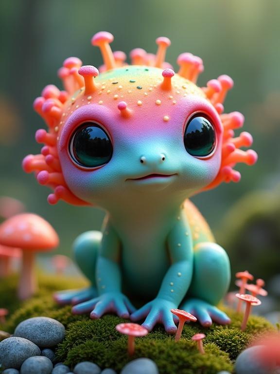 A vibrant, rainbow-colored creature reminiscent of fungi and amphibians sits in a magical forest filled with tiny mushrooms and moss. The character has large, glossy eyes, a friendly expression, and coral-like growths on its head.