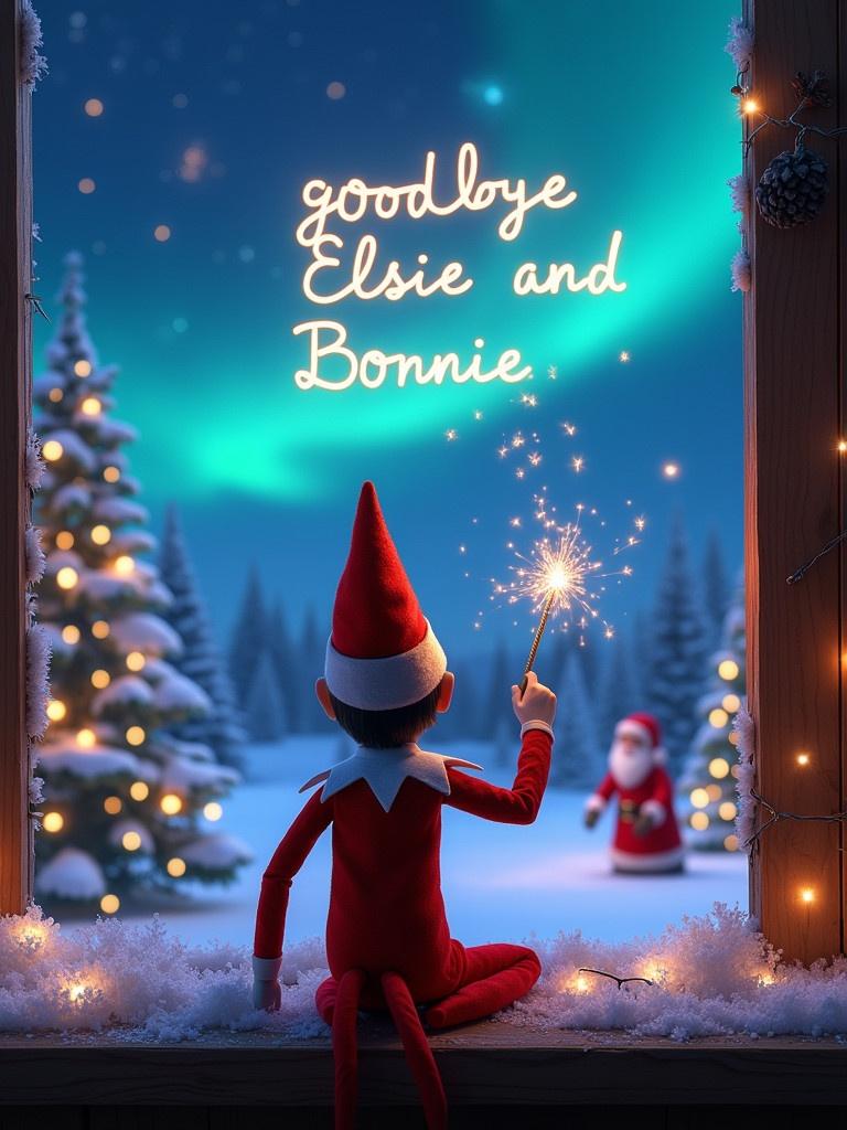 An elf faces a night sky while using a wand to write sparkling letters. Christmas atmosphere surrounds him with snow-covered trees and twinkling lights. In the distance, Santa Claus adds to the festive scene. The overall mood feels magical and enchanting during the holidays.