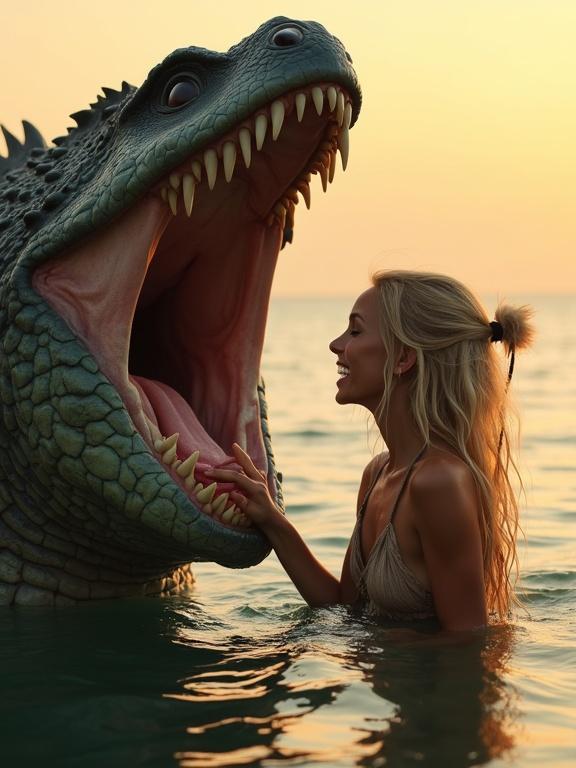 A tribal blonde young woman interacts with a large aquatic monster at sunset. The girl laughs and pets the creature's tongue in a playful manner. The scene has warm sunset lighting and gentle ripples in the water. It conveys a dreamy and emotional mood with hyperrealistic cinematic style.