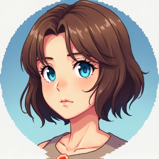 A young woman with short brown hair and blue eyes appears serene. The artwork is 16-bit pixel art. It features detailed facial features with a simple background and has the essence of an RPG character sprite.