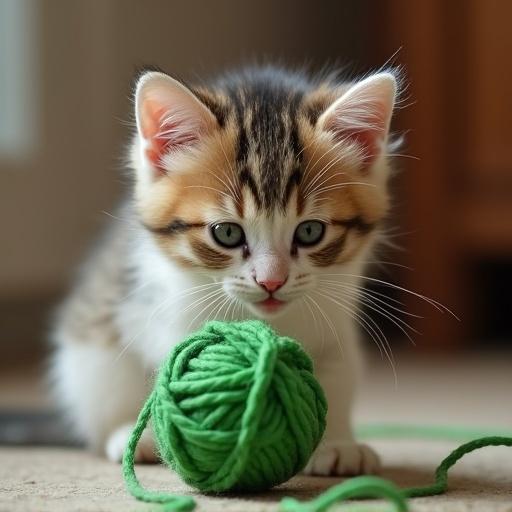 A kitten is playing with a green ball of yarn. The scene captures the kitten's curiosity and playfulness as it interacts with the yarn. Soft natural light highlights the kitten's fur and the texture of the yarn.