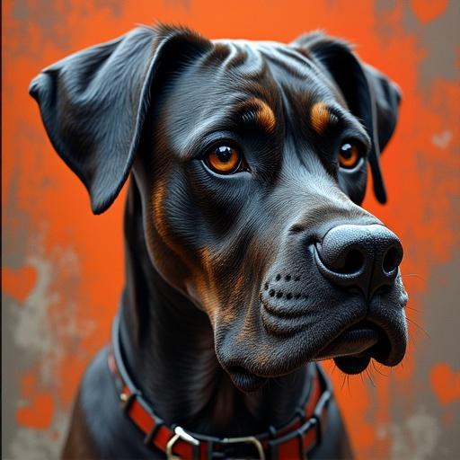 A stylized portrait of a black boxer dog with large, expressive eyes and an intricate background in warm tones.