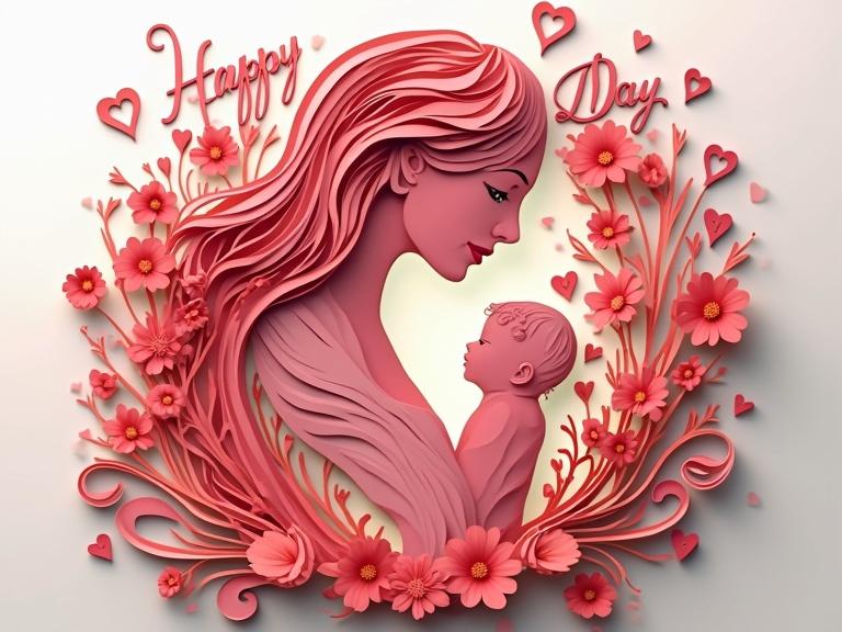 Elegant script text Happy Mother's Day. Beautifully layered paper cut-style digital artwork of a mother with long wavy hair cuddling her baby. Intricate cutout designs forming a mesmerizing silhouette. High contrast and contrasting colors.