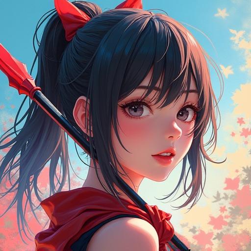 Image of a girl depicted in anime art style holding a spear. Character has expressive features and intricate hair. Color palette is vibrant and colorful. Artwork has a photo-realistic quality with sharp angles and hard edges. Background incorporates elements of fluid dynamic brushwork with soft gradients.