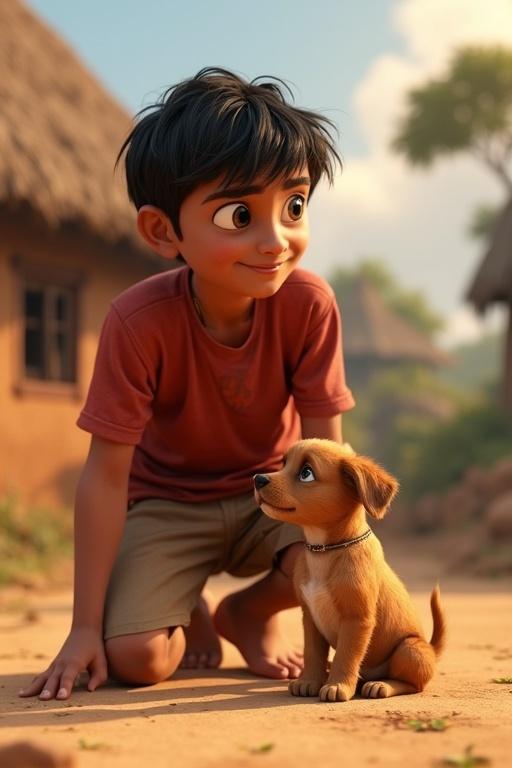 A 7-year-old boy with a faded red shirt and brown shorts kneels down to pick up a tiny brown puppy. The puppy looks up with trust. Behind them is a thatched-roof hut and some trees in a village.