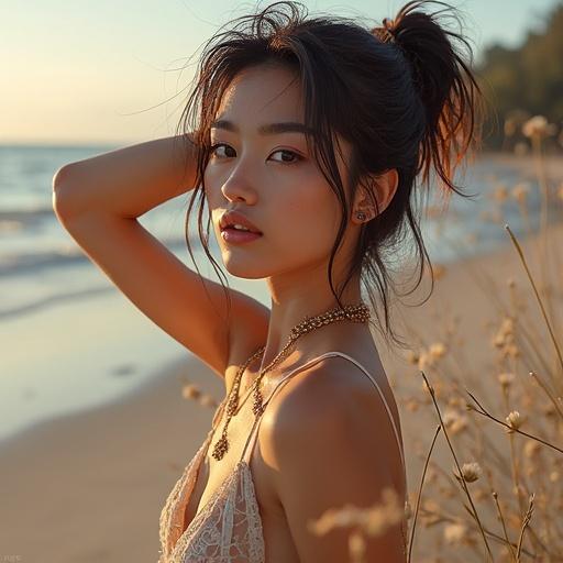 A close-up portrait of a woman at a beach during sunset. She has dark hair styled elegantly. Warm sunlight enhances her beauty. The ocean waves are visible in the background.