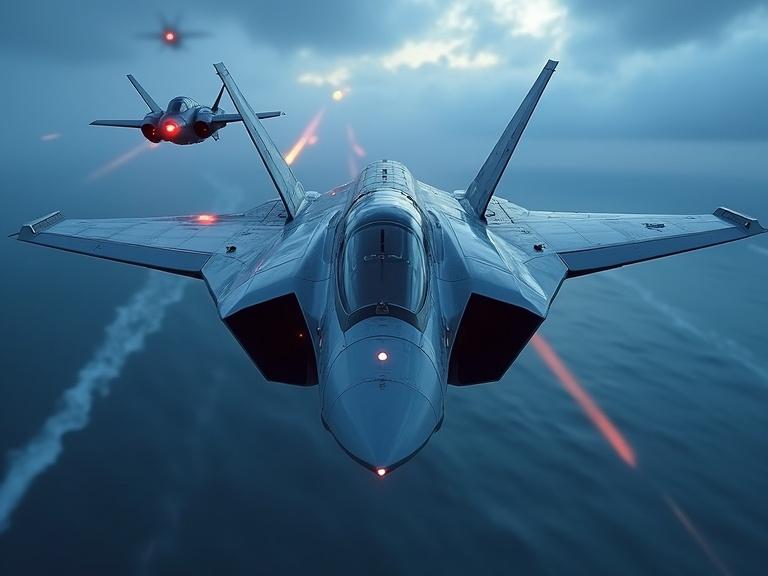 Futuristic stealth fighter jet flying fast at high altitude over stormy sea. Two enemy jets in pursuit. Dark gunmetal alloy fuselage with bright LED cockpit lights. Large air intake. Dutch angle and motion blur.