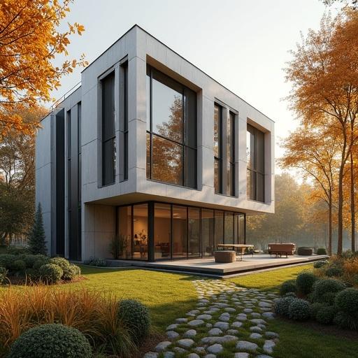 Architectural visualization of a modern office building. No people present. Artistic design with a sculptural quality. Photorealistic style with a large garden in the background. Morning setting with autumn colors. Use of orange tones.
