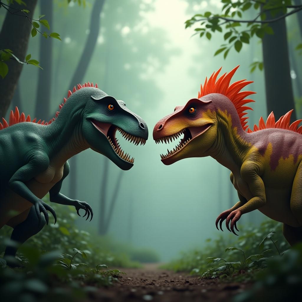 Create an image featuring two dinosaurs facing each other, both exhibiting an angry expression. The first dinosaur should be a fierce-looking predator, while the second dinosaur should have a vibrant, striking appearance. The setting is a dense, misty forest that intensifies their fierce demeanor. Ensure both dinosaurs are portrayed at eye level, enhancing the drama of their confrontation. Use a color palette that highlights deep greens and earthy tones to complement their powerful presence. A soft, diffused light should illuminate their faces, accentuating the tension between the two.