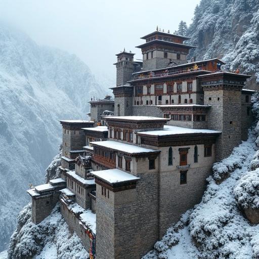 Aerial shot of a Himalayan fortress in winter. Snow-covered buildings on a mountain slope. Multi-tiered stone structures with watchtowers. Weathered slate roofs and carved wooden details. Prayer flags fluttering. Soft light enhances textures. Shadows are subtle yet defined.