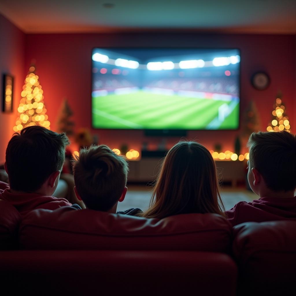 Families watch a football game together on Boxing Day. They are seated on a couch. The television displays an active football match. The room is decorated with holiday lights and trees. It's evening, creating a cozy atmosphere.