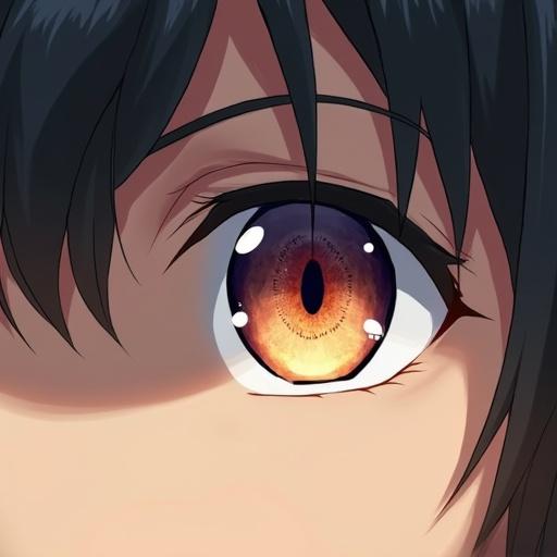 Close-up of a beautiful man's eye. Half face shown. Reflections in the eye show younger and older versions of him. Young version appears happy and innocent. Current version looks tense and emotionless. Anime style.