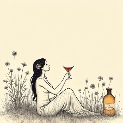 Minimalist line art of a serene topless goddess seated in wildflowers. Goddess holds a cocktail glass. Nearby is an apothecary bottle of 'ALFRUNO' elixir. The scene features bold black outlines on a beige background. Inspired by traditional zen art, emphasizing simplicity and tranquility.