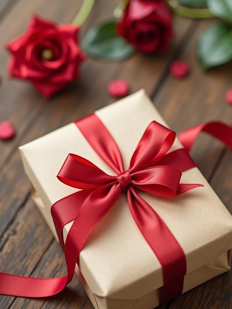 A beautiful gift package wrapped in kraft paper with a bright red satin ribbon. Elegant roses and petals are arranged around it on a wooden surface.