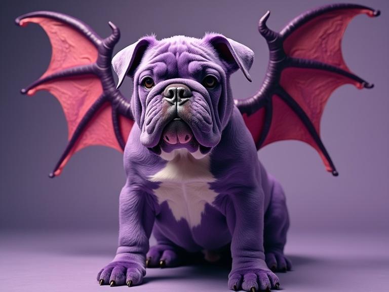 Purple English Bulldog with dragon wings in a fantastical setting