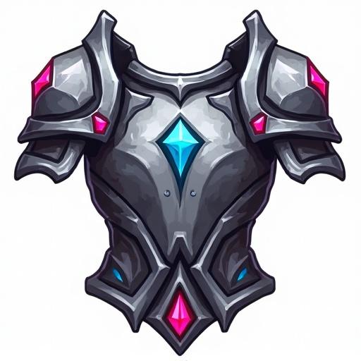 Icon of a legendary breastplate featuring silver and gray with blue black and pink accents for a card game designed in the style of World of Warcraft size 48 x 48 pixels transparent background