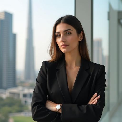 An Egyptian woman in a black blazer suit with soft makeup and stylish hair stands in a modern business district. Iconic Tower of the New Administrative Capital is in the background. She appears confident and intelligent, explaining investment opportunities.