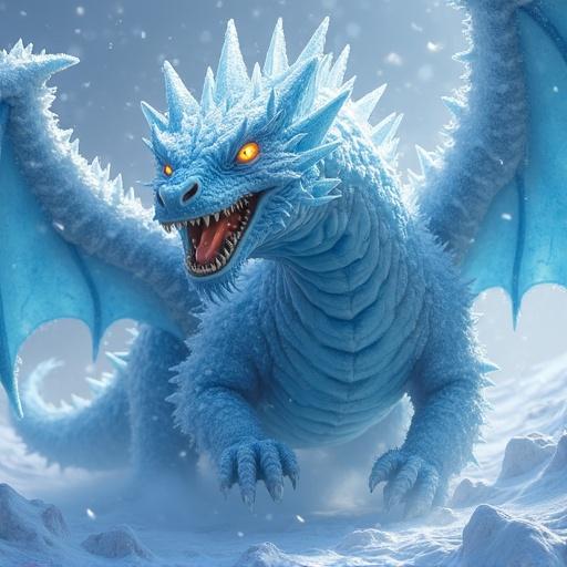 Dangerous attacking ice dragon covered by ice crystals glowing eyes