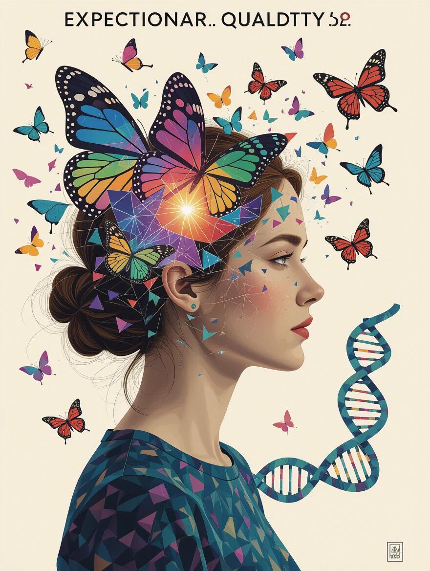 A woman's profile dissolves into geometric fragments. Fragments transform into butterflies. Each butterfly wing shows parallel universe versions. Quantum equations float as luminous text. DNA helixes spiral through space-time. Reality fractures like broken glass revealing infinite possibilities. Artistic style combines impossible geometry with visionary art. A mind-expanding visual philosophy.