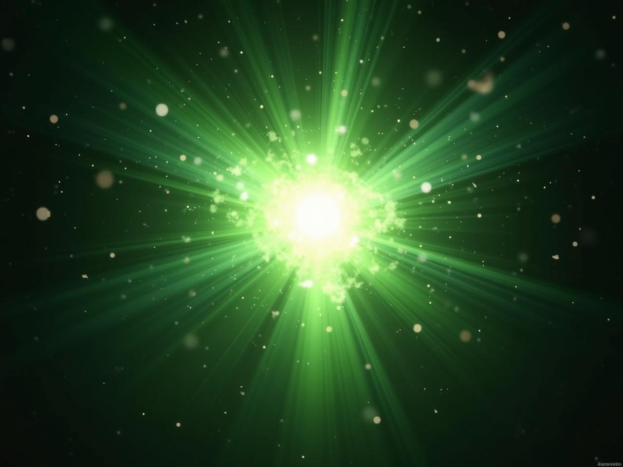 A holy explosion occurs, radiating a green shockwave of light that spreads outward. The explosion is bright and colorful, capturing a mystical energy. Surrounding the explosion, there are sparks and glowing fragments scattered in the air. The background is dark, enhancing the brilliance of the explosion. The overall effect feels energetic and magical, as if a powerful force has been unleashed.