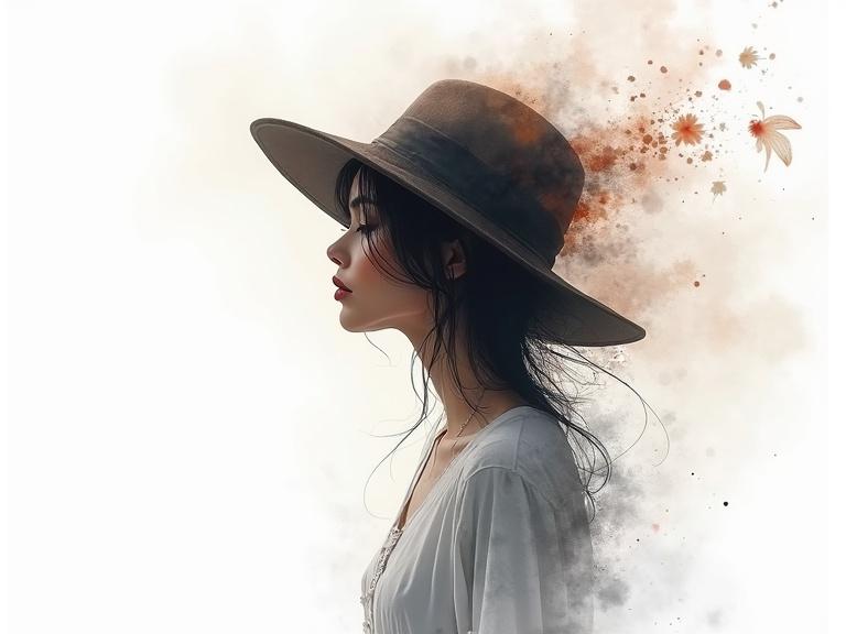 A watercolor portrait of a woman wearing a hat. The background features soft and splashy colors with a clean, white space. Elements of floral design blend into the background, creating a sense of wonder.