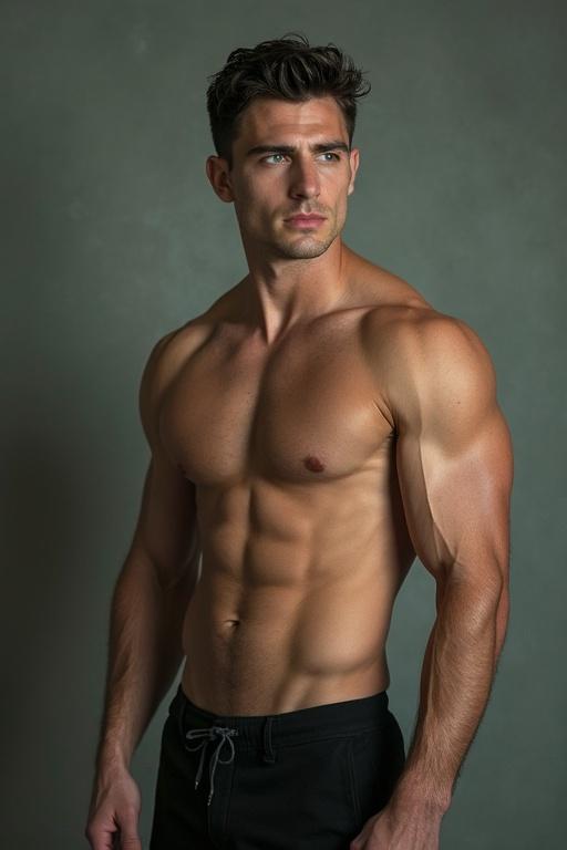 Tall handsome man with muscular physique and dark hair. Green eyes prominently featured. Strong body definition captured in a portrait.