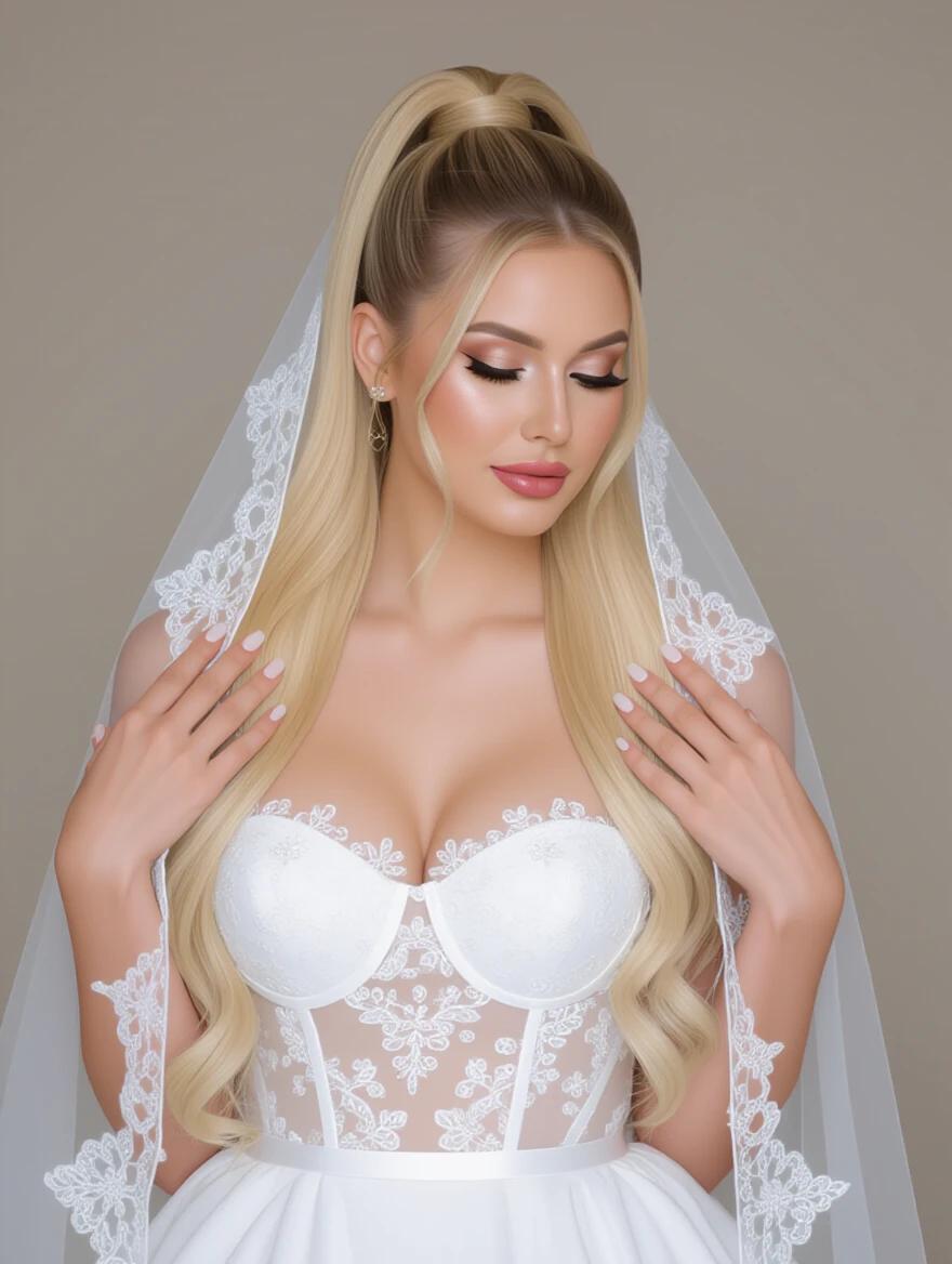Asian bride in elegant bridal lingerie with a high blonde ponytail. The bride has beautiful makeup. She wears a stunning veil with lace details. The attire and hairstyle reflect modern bridal fashion.